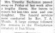 Buchanan, Mrs Timothy nee Mary Barr death notice Buchanan, Mrs Timothy nee Mary Barr death notice
