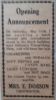 Announcement of opening of Mrs. E. Dobson's lunch counter